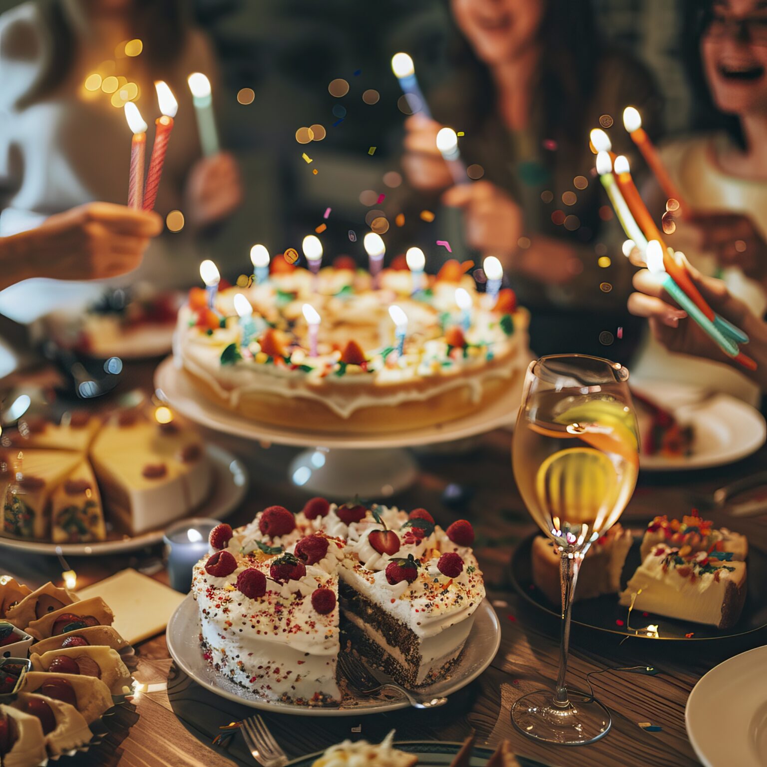 Kuchen, Kerzen, Freunde, Lachen, Feier.